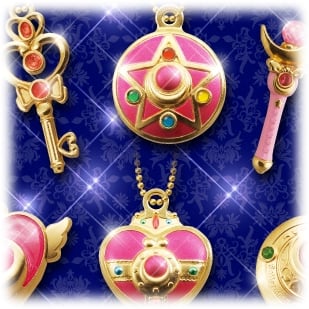Sailor Moon - Die-Cast Charm Gashapon Set - Verwandlungsbroschen, Schlüssel, Mondstab (6 Teile)
