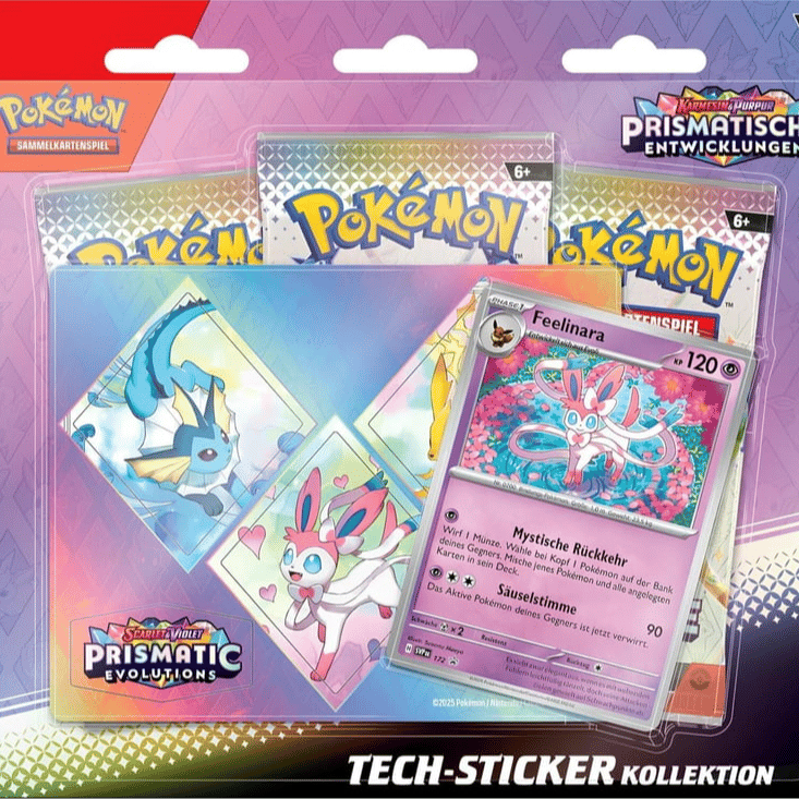 Zufällige Auswahl - Feelinara, Glaziola, Folipurba - Pokemon TCG - Karmesin & Purpur: Prismatische Entwicklungen – 3-Booster Blister Pack - Tech-Sticker-Kollektion - DE