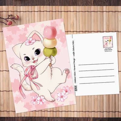 Weiße Sakura Neko - Hanami Dango - Postkarte A6 - Hideko Merchandise (1)