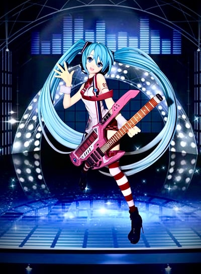Miku on Stage! (oldschool style mühevoll ausgeschnitten und auf einen Hintergrund geklatscht xD) · Hatsune Miku - Greatest Idol Figurine