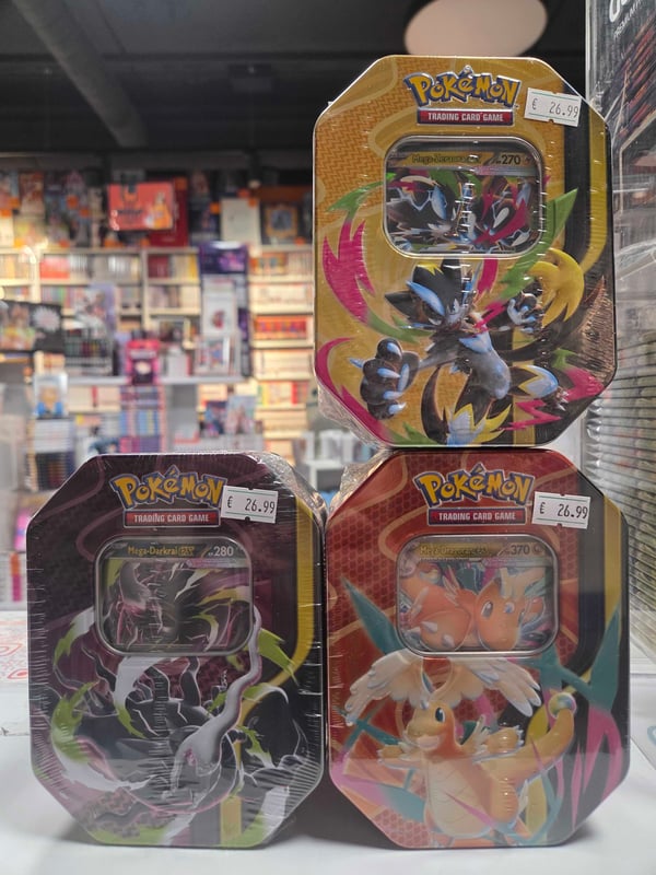 Neue Pokémon Tins mit Mega-Darkrai ex, Mega-Dragoran ex und Mega-Zeraora ex