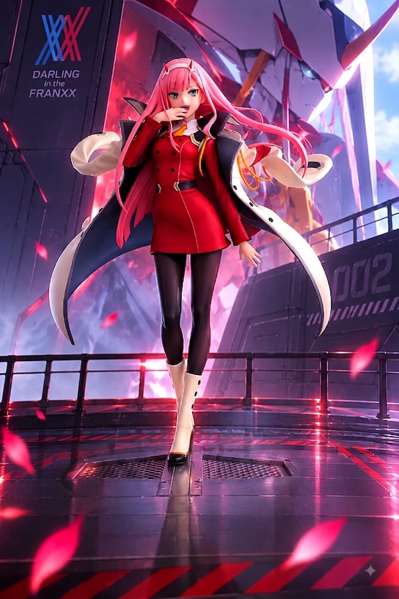 Zero Two in front of Strelizia